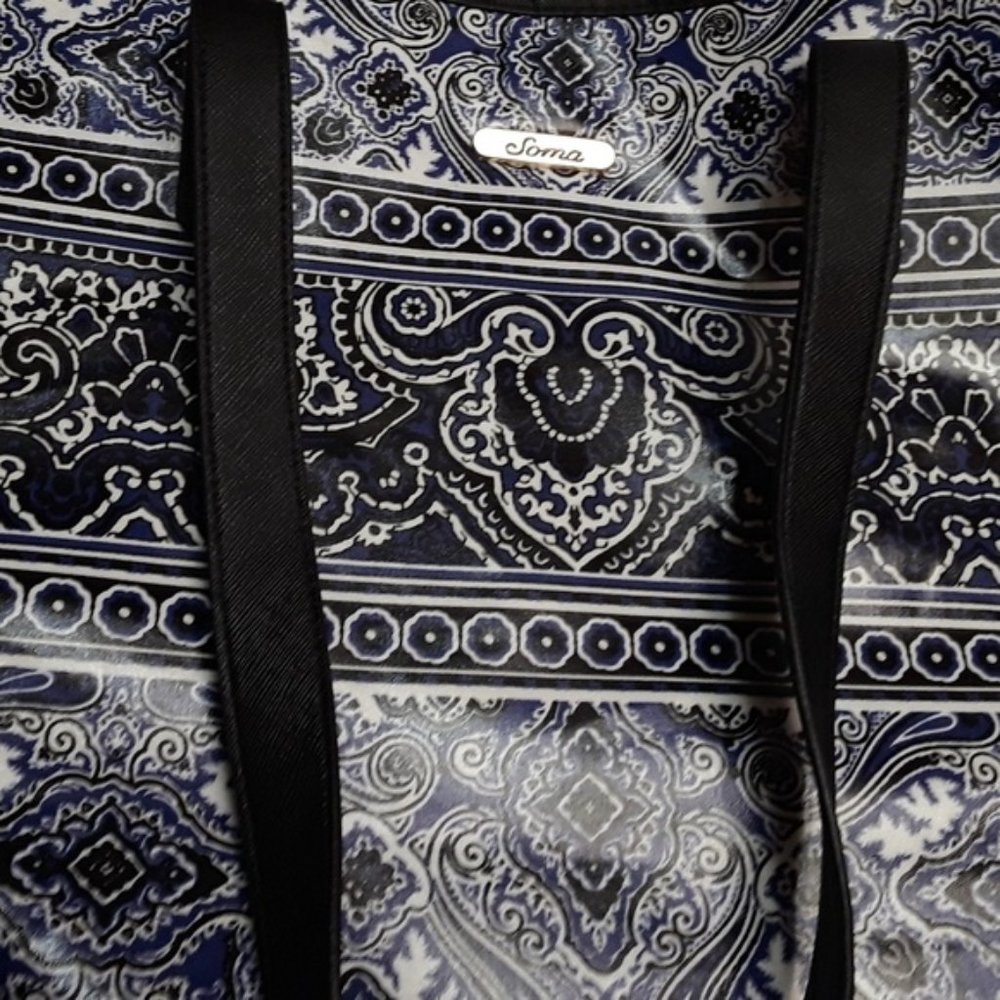 Soma Beach Boho Blue and White Paisley Tote Bag Purse